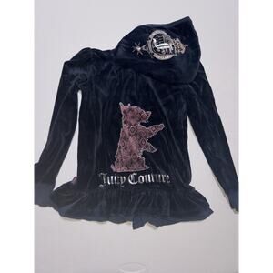 Y2K Vintage Juicy Couture Girls 14 ‘pink Dog’ Velour Black Zip up Hoodie